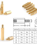 290 Piece M2.5 Hex Brass Spacer Standoff Kit With Screws And Nuts For Motherboard And Electronics Copper Yellow And Stainless Steel Assortment 12 Sizes Including 6 10 15 20 25mm Plus 6mm Extension shown with size chart and components view.