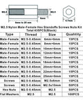 Diagram and table of M2.5 Nylon Hex Standoffs Spacers Kit With Screws Nuts And Washers, 435 Pieces, Black, Male Female