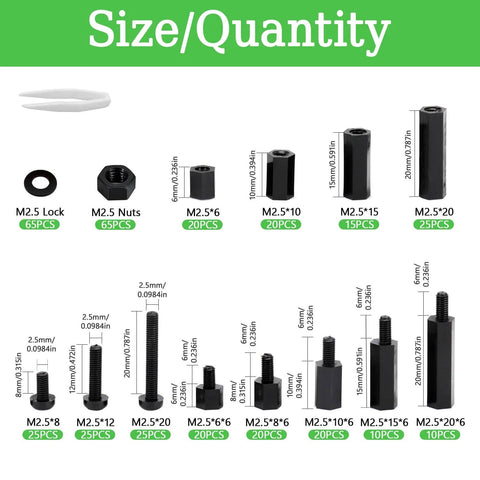 365 Pieces M2.5 Black Nylon Hex Spacer Standoff Set With Male And Female Spacers Nuts And Screws Size Chart