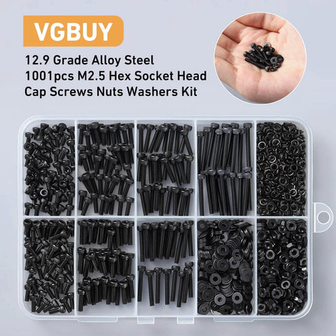 1001Pcs M2.5 Screws Kit with Hex Socket Head Cap Screws Nuts and Washers 4 to 20mm 12.9 Grade Black Oxide in storage box