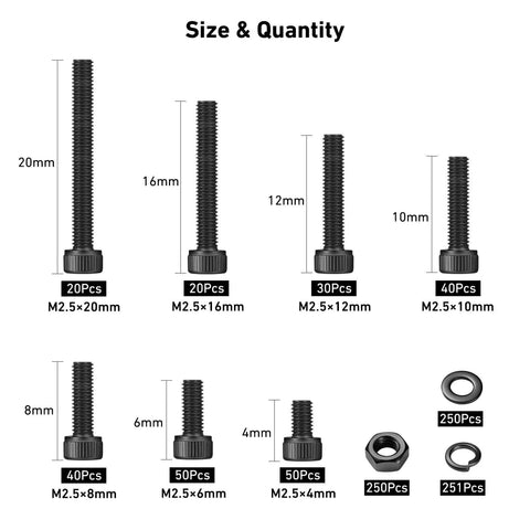 1001Pcs M2.5 Screws Kit With Hex Socket Head Cap Screws Nuts And Washers 4 To 20mm 12.9 Grade Black Oxide size chart