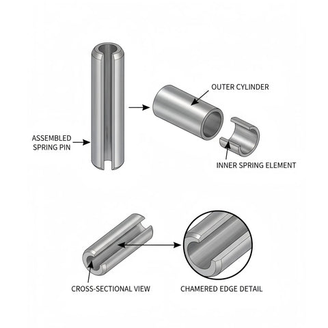 Diagram showcasing M2.5 X 12mm Slotted Spring Pins assembly, cross-sectional view, and chamfered edge detail for machinery projects.