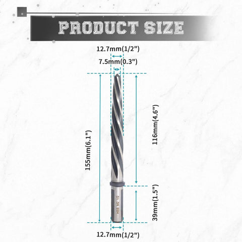 Durable M2 HSS One Half Inch Taper Chucking Reamer With Non Slip Shank For Steel Alloys Metal Wood And Plastic dimensions image