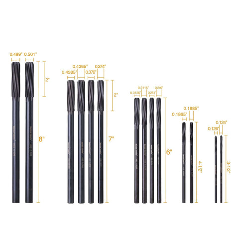 M2 HSS Chucking Reamer Set 14 PC With Spiral Flute For Precise Hole Enlargement And Finishing From 0.1240 To 0.5010 Inches Durable Nitrided Surface For Wood Metal Plastic Projects displayed with size measurements