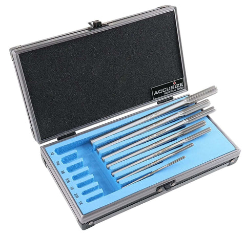 Pro Grade M2 HSS Chucking Reamer Set For Precise Reaming In Lathes And Drills One Eighth To One Half Inch By Sixteenths Right Hand Cut Seven Piece Set Accusize Industrial Tools 5528 SH00 in open case with foam holder