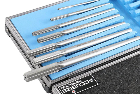 Pro Grade M2 HSS Chucking Reamer Set For Precise Reaming In Lathes And Drills One Eighth To One Half Inch By Sixteenths Right Hand Cut Seven Piece Set Accusize Industrial Tools 5528 SH00 in storage case