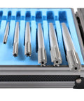 Pro Grade M2 HSS Chucking Reamer Set For Precise Reaming In Lathes And Drills One Eighth To One Half Inch By Sixteenths Right Hand Cut Seven Piece Set Accusize Industrial Tools 5528 SH00 displayed in case