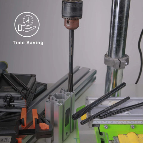 M2 HSS Chucking Reamer Set 14 PC with Spiral Flute for precise hole enlargement in wood, metal, and plastic, shown in workshop setting.