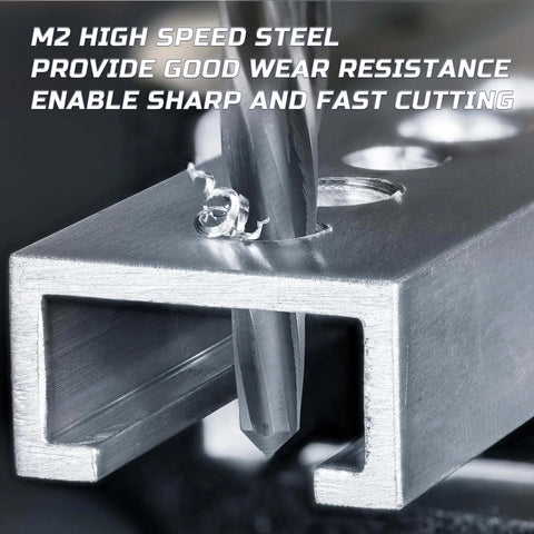 Rugged M2 HSS Reamer Drill Bit Set For Metal, 5-Piece, shown cutting metal with precise hole sizing and bolt alignment