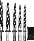 Pro Grade Five Piece M2 HSS Reamer Set For Construction Drilling That Aligns And Enlarges Holes To Three Eighths Inch One Half Inch Five Eighths Inch Three Fourths Inch And One Inch With A Tapered Tip Design And Shank Chuck Fit For Steel Metal And Wood displayed with storage case