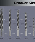 Product sizes of Rugged M2 HSS Reamer Drill Bit Set For Metal, 5-Piece, 3/8 Inch To 3/4 Inch, Pro Grade Tapered Chucking Reamers