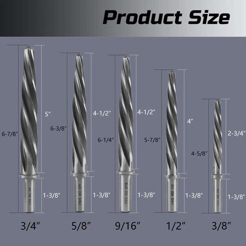 Product sizes of Rugged M2 HSS Reamer Drill Bit Set For Metal, 5-Piece, 3/8 Inch To 3/4 Inch, Pro Grade Tapered Chucking Reamers