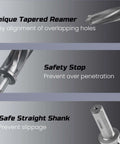 Rugged M2 HSS Reamer Drill Bit Set For Metal, showcasing tapered reamer, safety stop, and safe straight shank features.