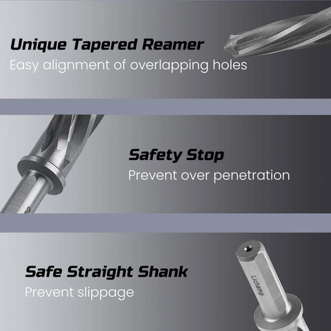 Rugged M2 HSS Reamer Drill Bit Set For Metal, showcasing tapered reamer, safety stop, and safe straight shank features.
