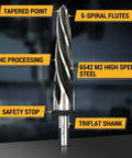 Pro Grade Five Piece M2 HSS Reamer Set For Construction Drilling That Aligns And Enlarges Holes with tapered tip and trifat shank.