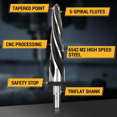 Pro Grade Five Piece M2 HSS Reamer Set For Construction Drilling That Aligns And Enlarges Holes with tapered tip and trifat shank.