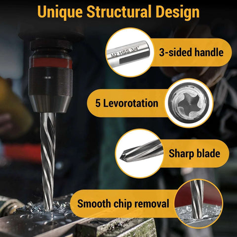 Pro Grade Five Piece M2 HSS Reamer Set For Construction Drilling That Aligns And Enlarges Holes To Three Eighths Inch One Half Inch Five Eighths Inch Three Fourths Inch And One Inch With A Tapered Tip Design And Shank Chuck Fit For Steel Metal And Wood showing unique structural design