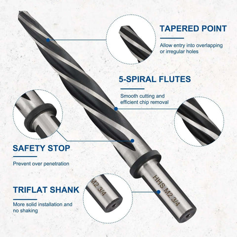 Three Quarter Inch M2 HSS Taper Chucking Reamer Drill Bit with 5 flutes for precision hole sizing in metal and wood