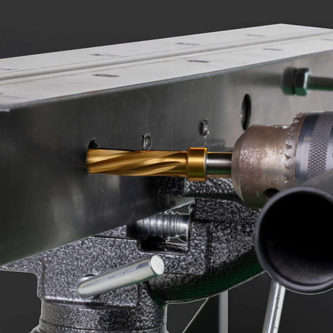 Four Piece Bridge And Construction Reamer Set With M2 HSS Taper Chucking Reamers For Steel Aluminum Wood And Plastic To Enlarge And Align Holes With Three Eighths Inch Or One Half Inch Shanks installed on metal surface