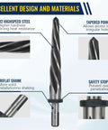 Diagram of Five Piece M2 HSS Taper Chucking Reamer Set With 1, 3/4, 5/8, 1/2, And 3/8 Inch Sizes Fits 1/2 Inch 3-Flat Round Shank features.