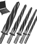 5 Piece M2 HSS Taper Chucking Reamer Set With Sizes One Inch Three Quarter Inch Five Eighth Inch Half Inch Three Eighth Inch And Shank Type Half Inch Three Flat Round For Bridge Construction Reaming Drill Bits For Steel Metal Wood Alloy Durable Heavy Duty displayed with case