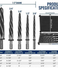 Five Piece M2 HSS Taper Chucking Reamer Set With 1, 3/4, 5/8, 1/2, And 3/8 Inch Sizes on display with specification chart