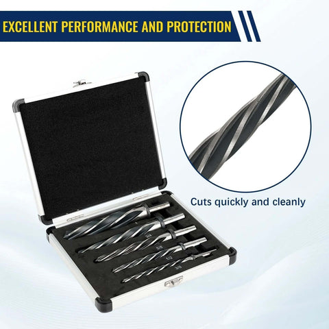 Five Piece M2 HSS Taper Chucking Reamer Set With 1, 3/4, 5/8, 1/2, And 3/8 Inch Sizes Fits 1/2 Inch 3-Flat Round Shank For Bridge And Construction Reamer Drill Bits Built For Steel Metal Wood And Alloys in a protective case.