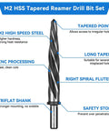 Diagram of M2 HSS tapered reamer with labelled features; includes tapered point, long taper, right spiral flutes, and triflat shank.