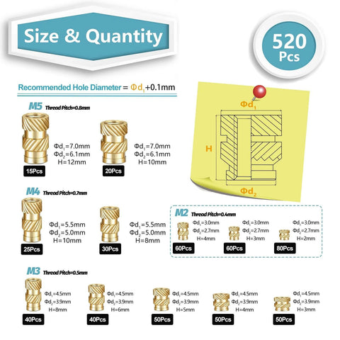 Diagram showing sizes and quantity of 520Pcs M2 M3 M4 M5 Threaded Inserts Assortment Kit for 3D Printing Components, Metric Brass Knurled Nuts.