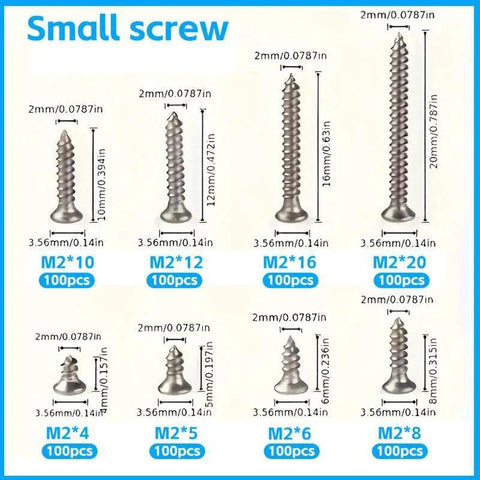 Diagram showing dimensions and sizes of 800 Pieces M2 Self Tapping Screws Set In Carbon Steel Nickel Plated Cross Countersunk Head Assorted Fasteners