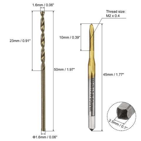 Metric Tap & Drill Bit Set, 2pcs M2 x 0.4 Spiral Point Thread Taps Titanium Coated and 2pcs 1.6mm Twist Drill Bits Roasted Yellow