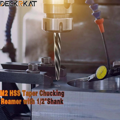 M2 HSS taper chucking reamer with 1/2 inch shank drilling into metal surface in workshop