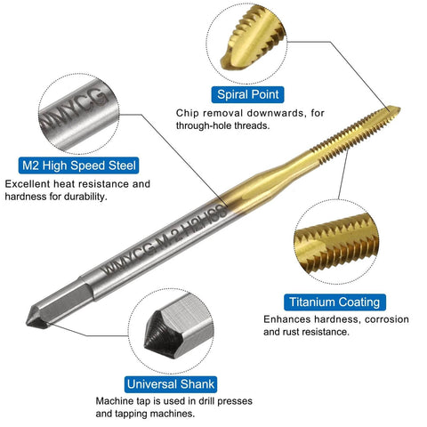 Metric Tap & Drill Bit Set, 2pcs M2 x 0.4 Spiral Point Thread Taps Titanium Coated and 2pcs 1.6mm Twist Drill Bits Roasted Yellow
