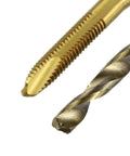 Close-up of Metric Tap & Drill Bit Set, 2pcs M2 x 0.4 Spiral Point Thread Taps Titanium Coated and 2pcs 1.6mm Twist Drill Bits Roasted Yellow