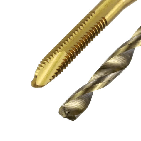 Close-up of Metric Tap & Drill Bit Set, 2pcs M2 x 0.4 Spiral Point Thread Taps Titanium Coated and 2pcs 1.6mm Twist Drill Bits Roasted Yellow