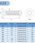 Diagram showing M2-0.4 x 4mm Flat Torx Head Machine Screws, 50Pcs 10.9 Grade Carbon Steel Countersunk Torx Anti Theft, Black Oxide Finish, Full Thread with dimensions and sizes.