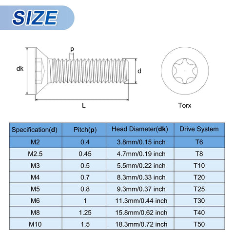 Diagram showing M2-0.4 x 4mm Flat Torx Head Machine Screws, 50Pcs 10.9 Grade Carbon Steel Countersunk Torx Anti Theft, Black Oxide Finish, Full Thread with dimensions and sizes.