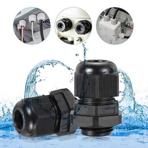 Front angle of 4 Pack M20 Cable Gland Waterproof Nylon Joint with 5 to 6mm 2 wire holes for electrical boxes and appliances, black.