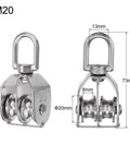 6pcs M20 Double Pulley Block, Stainless Steel Swivel Rigging Lifting Wheel Fixed Pulley, side view, measurements shown