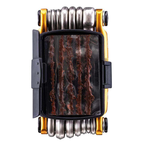 M20 Gold Bicycle Multi Tool with tire plug kit, hex wrenches, spoke wrenches, screwdrivers, Torx T10 and T25, chain tool shown in detail