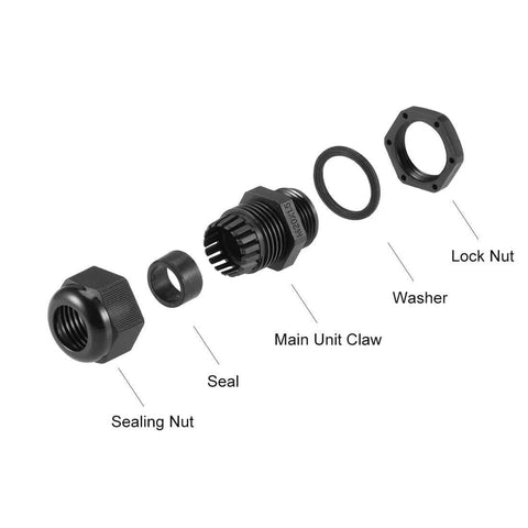 Exploded view of M20x1.5 Cable Gland, Waterproof Nylon Joint With Adjustable Locknut And Washer, Easy Install, Black, Rugged Seal.