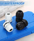 4 Pack M20 Cable Gland Waterproof Nylon Joint With 5 To 6mm 2 Wire Holes For Easy Cable Fixing And Wiring Gland Replacement For Electrical Boxes Panels And Appliances Black, shown on a blue background