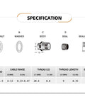 Specification chart for 10 Pack Nylon Cable Glands Waterproof M20 X 1.5, 6-12 Mm Range Black Gland Connector, including dimensions.