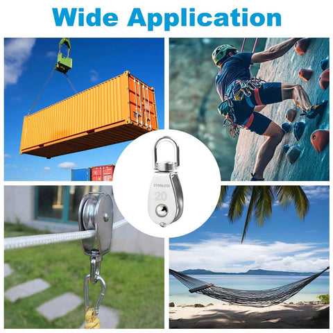 Collage of 12 Pack M20 Single Pulley Block, 304 Stainless Steel Wire Rope Cable Pulley, various applications shown.