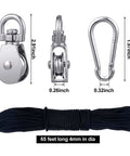 Pulley Block System Set, M20 Pulley Wheel Stainless Steel with 66ft Nylon Rope and Hooks displayed from different angles