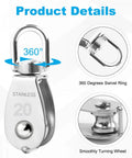 12 Pack M20 Single Pulley Block, 304 Stainless Steel, product details with swivel ring and turning wheel