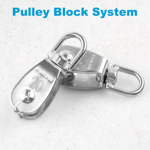 Image of two M20 single pulley blocks made of 304 stainless steel, featuring a swivel design for lifting wire rope cables.