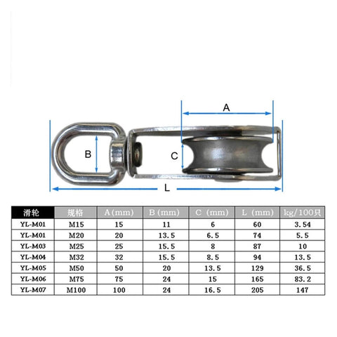 Diagram and table showing dimensions of M20 Cable Single Pulley Block Stainless Steel Hanging Wire Towing Lifting Rope Wheel