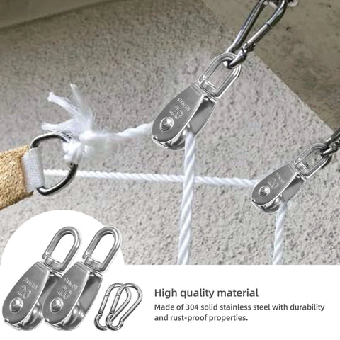 10 Pcs M20 Single Pulley Block 304 Stainless Steel M20 Pulleys for Rope with Snap Hook, shown installed on wire rope