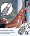 10 Pcs M20 Single Pulley Block 304 Stainless Steel M20 Pulleys for Rope, close-up showing rotating feature and usage on boat